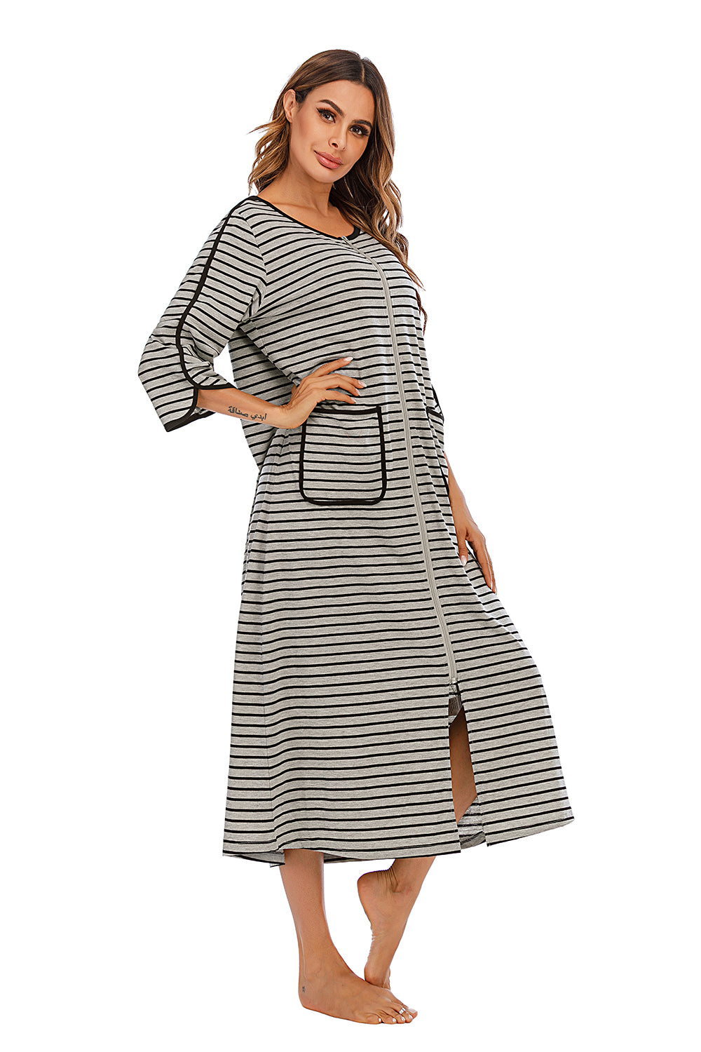 Round Neck Three-Quarter Sleeve Midi Night Dress Easy Apparels