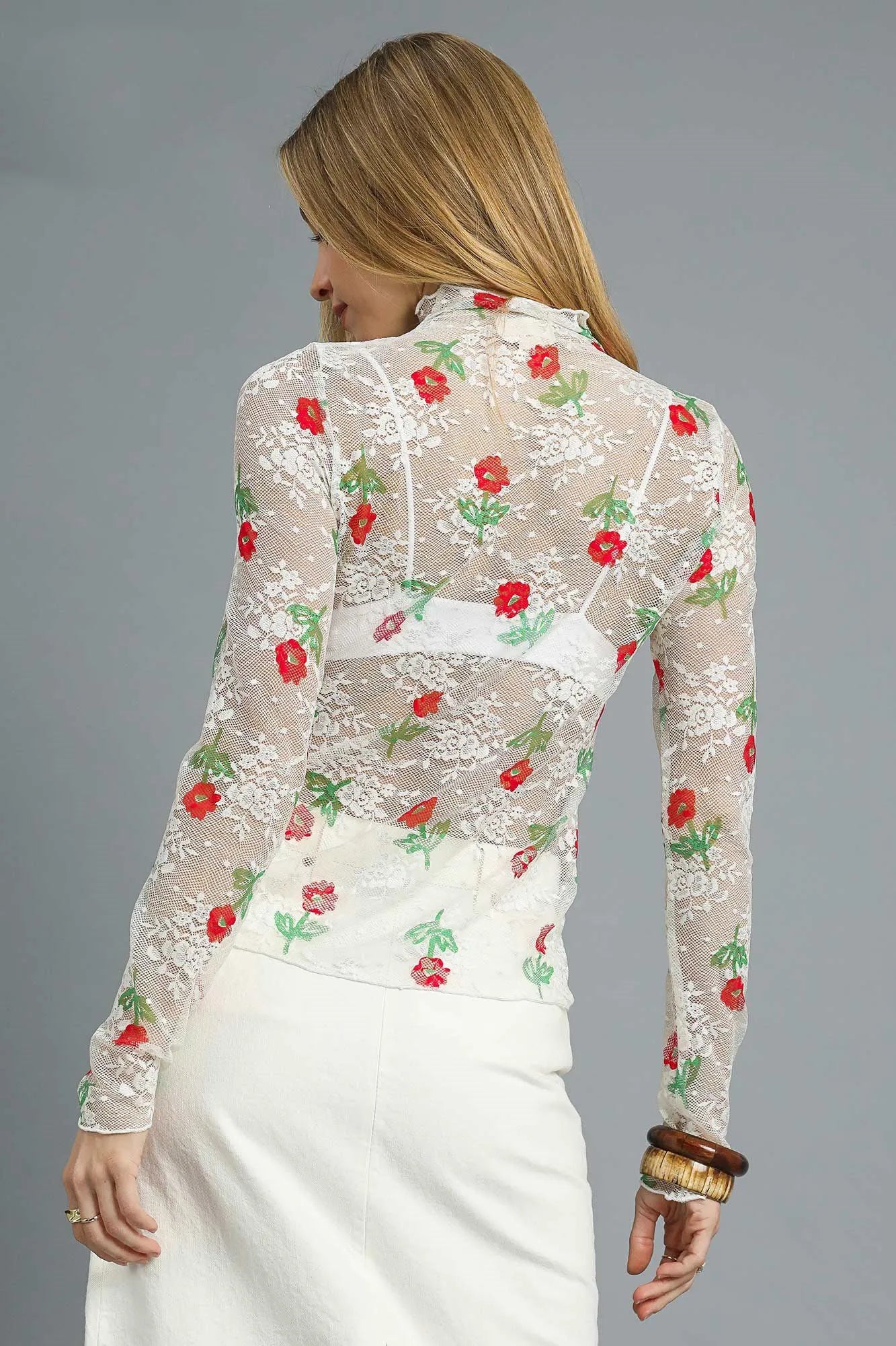 Trendsi Umgee Floral Mock Neck Long Sleeve Sheer Top