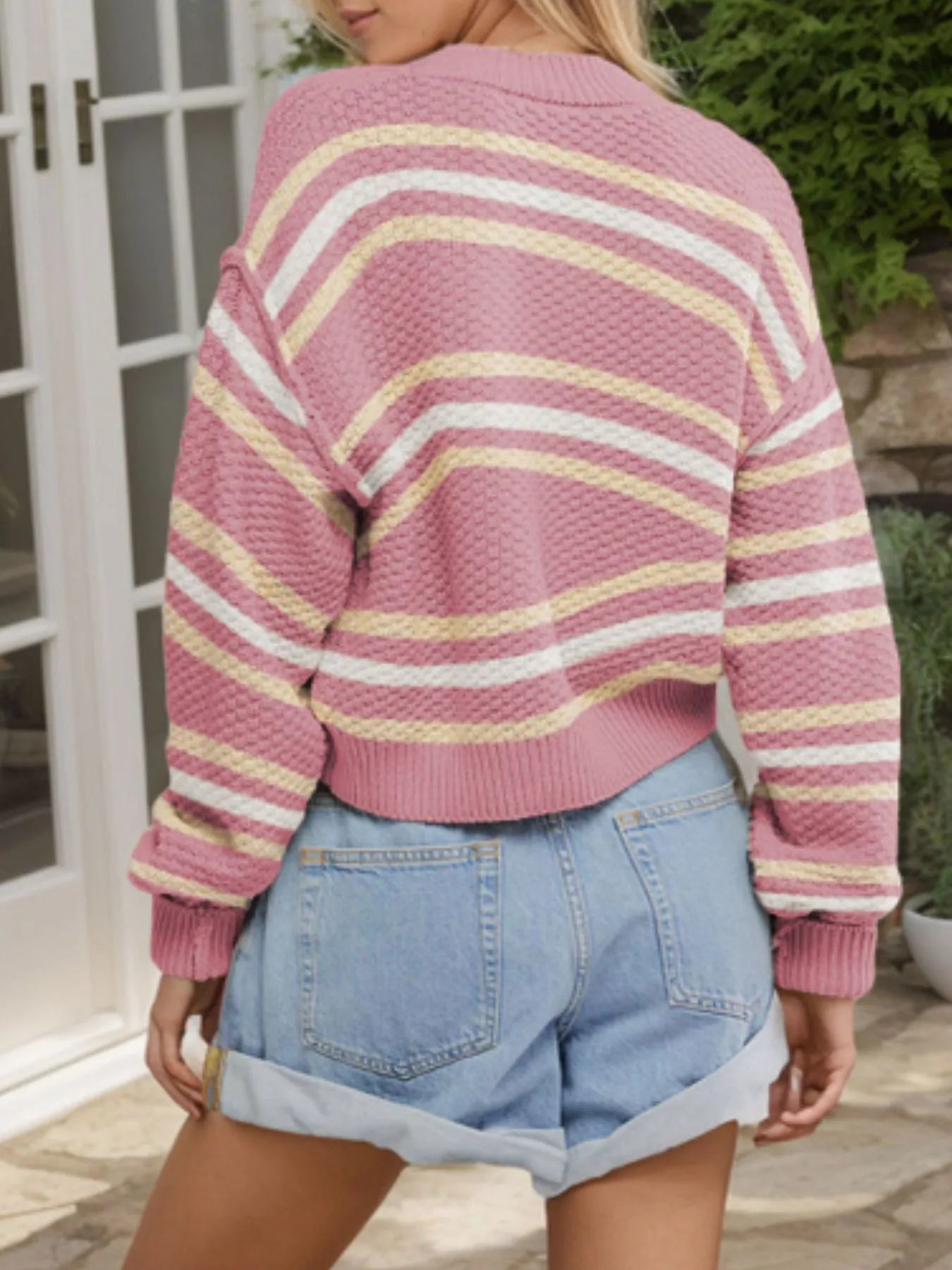 Striped Button-Up Cropped Cardigan with Relaxed Fit Easy Apparels