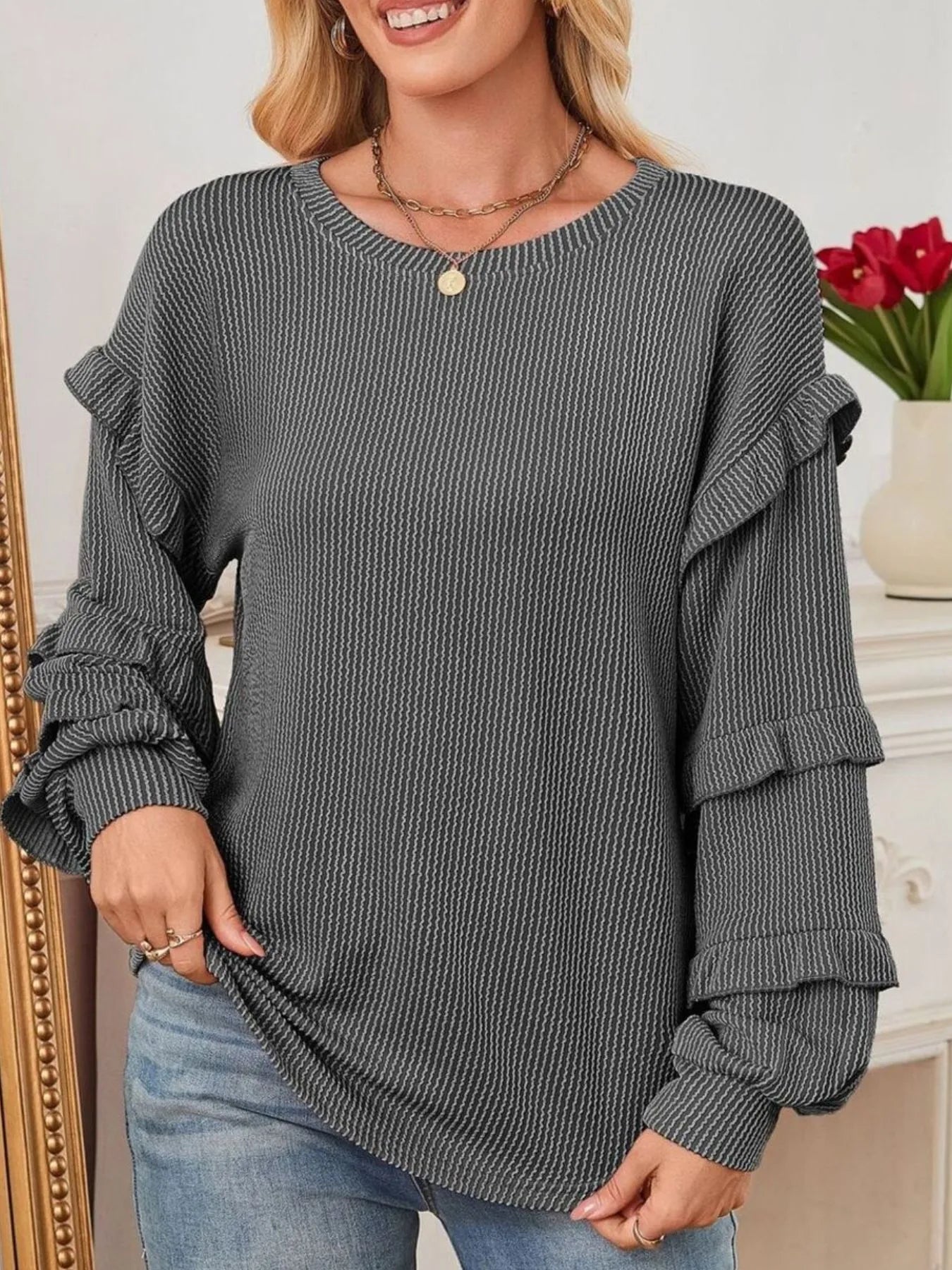 Trendsi Ruffled Round Neck Long Sleeve Sweatshirt