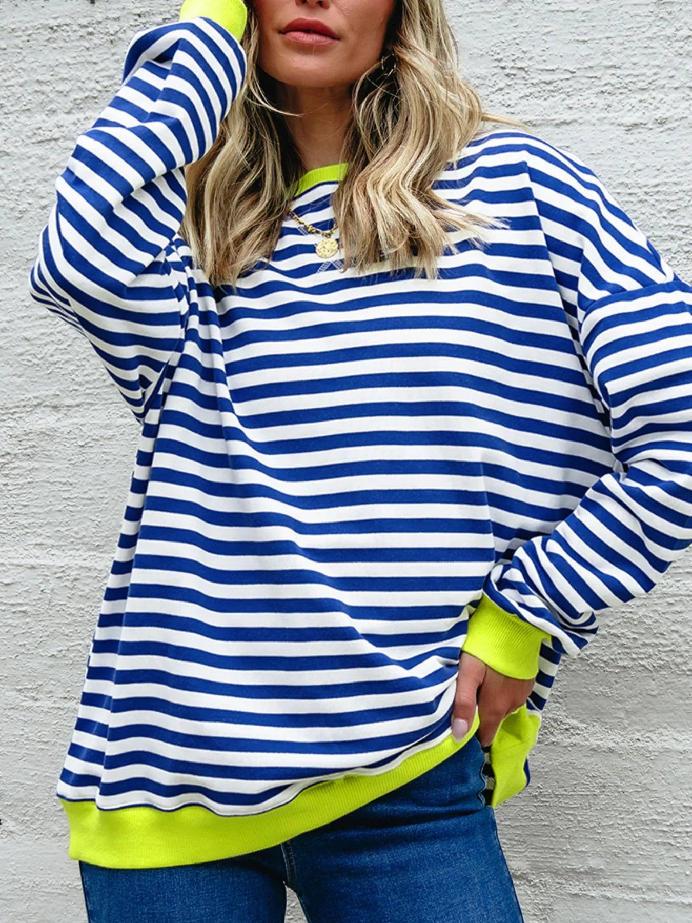 Trendsi Striped Contrast Ribbed Trim Drop Shoulder Sweatshirt