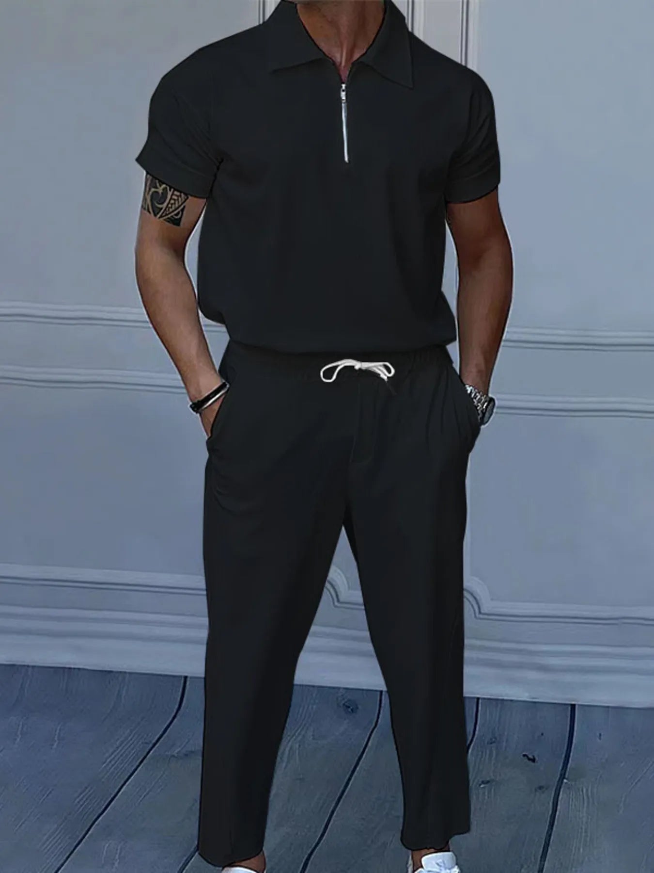 Men's Full Size Quarter Zip Short Sleeve Polo and Pants Set Plus Size Black Easy Apparels