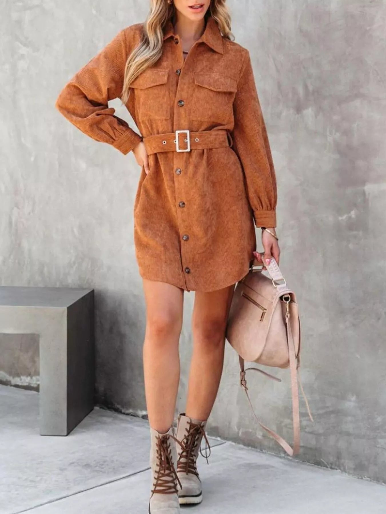Button Front Belt Long Sleeve Corduroy Dress Easy Apparels