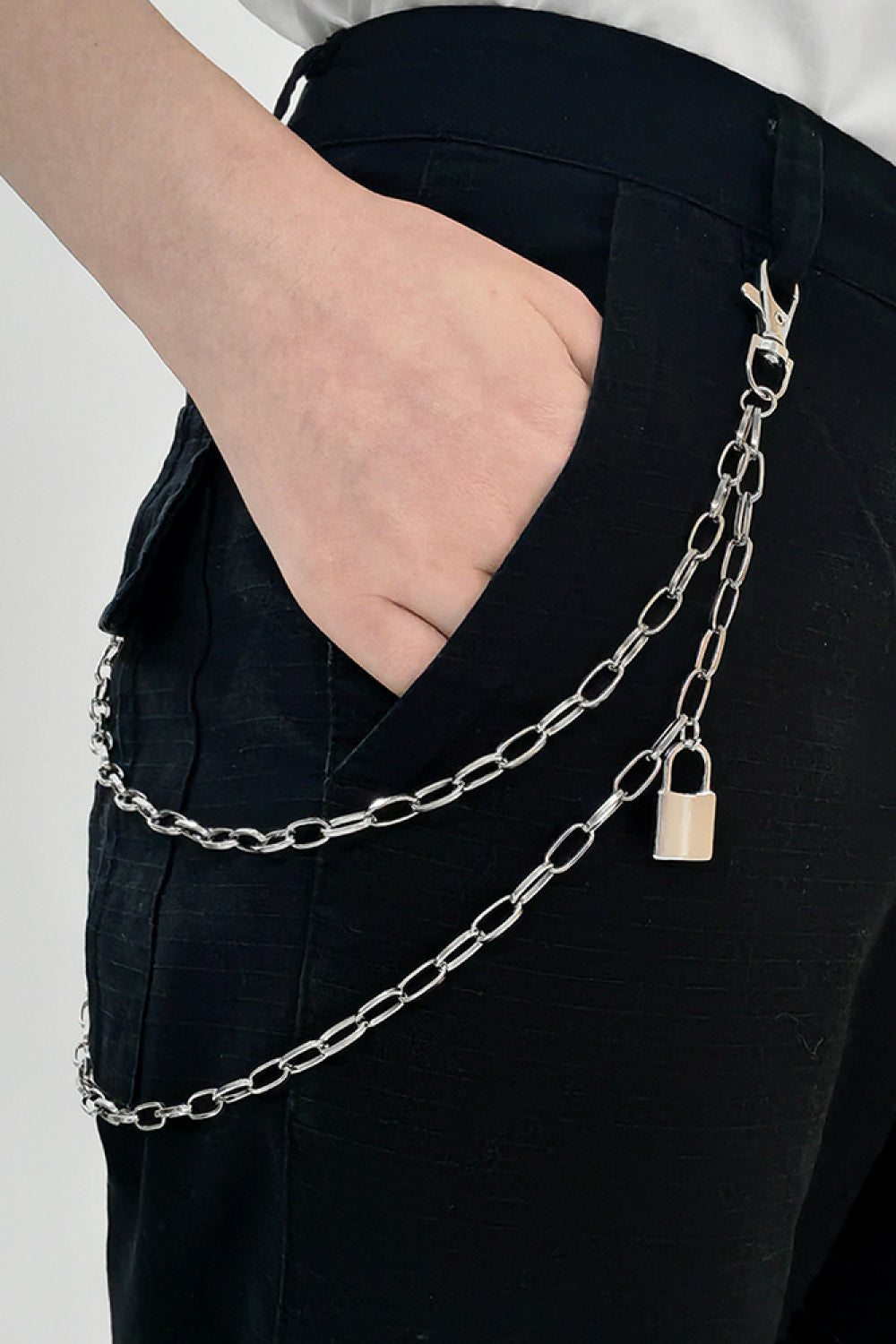 Double Layered Iron Chain Belt with Lock Charm Silver One Size Easy Apparels