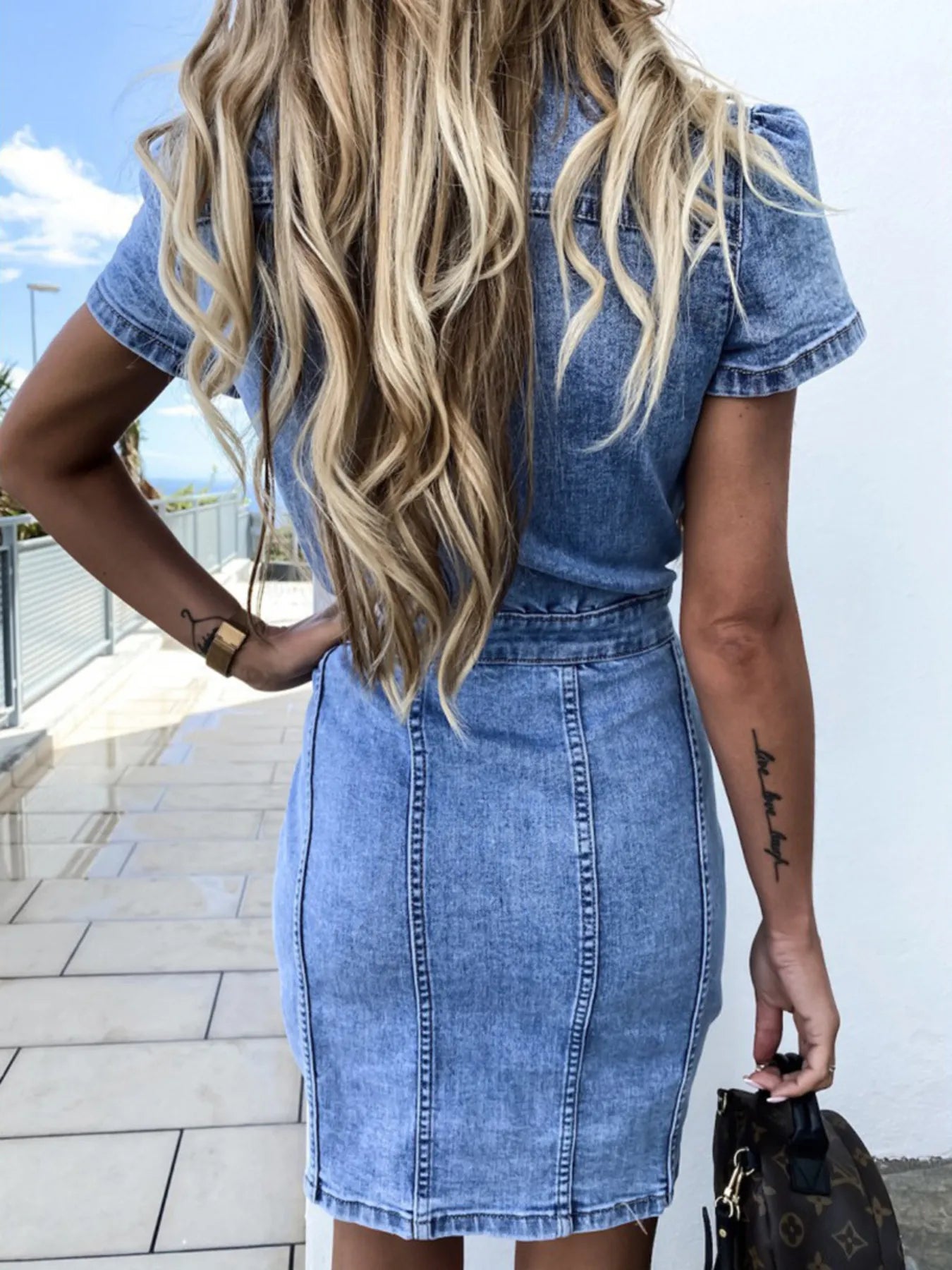 Button Front Short Sleeve Denim Dress Easy Apparels