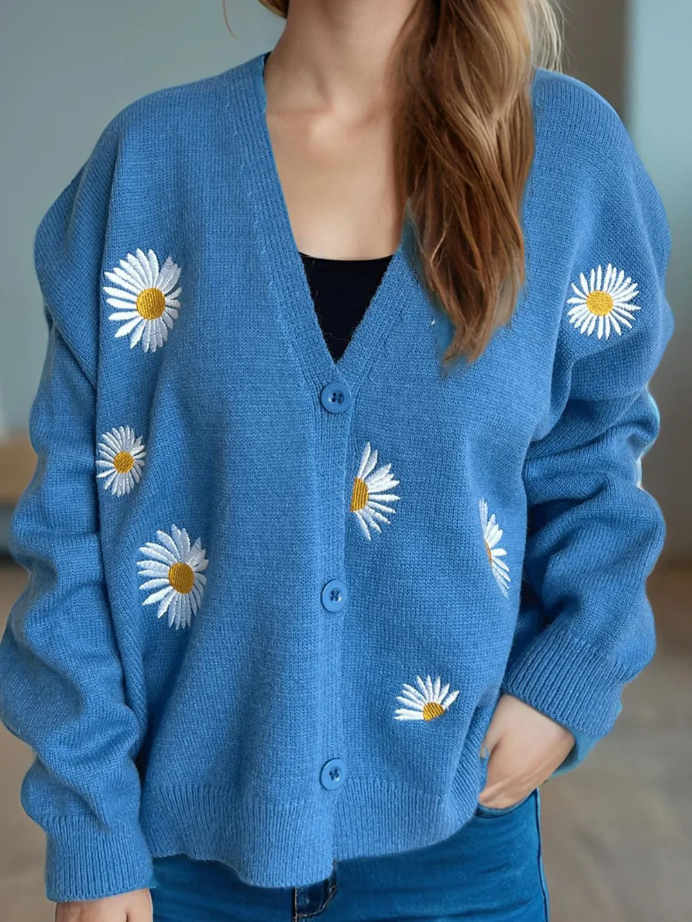 Daisy Button Up V-Neck Cardigan Sky Blue One Size Easy Apparels