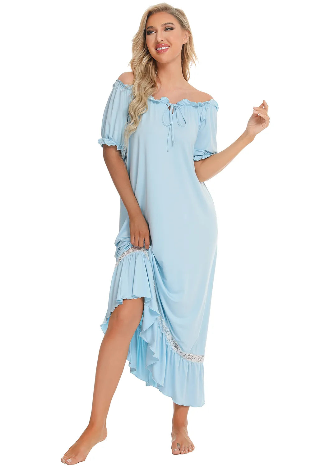 Lace Detail Short Sleeve Lounge Dress Easy Apparels