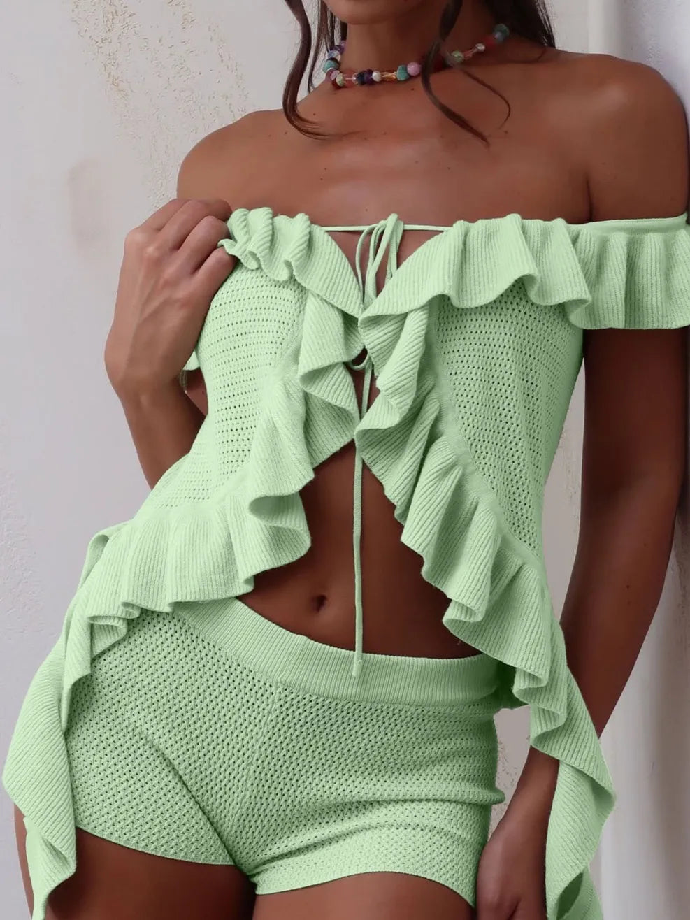 Off-Shoulder Ruffle Top and Shorts Sweater Set Green Easy Apparels