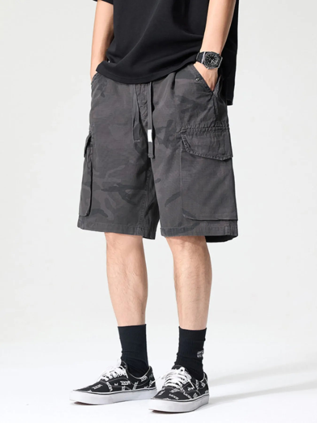 Men's Full Size Drawstring Cargo Shorts Plus Size Camouflage Purple Easy Apparels