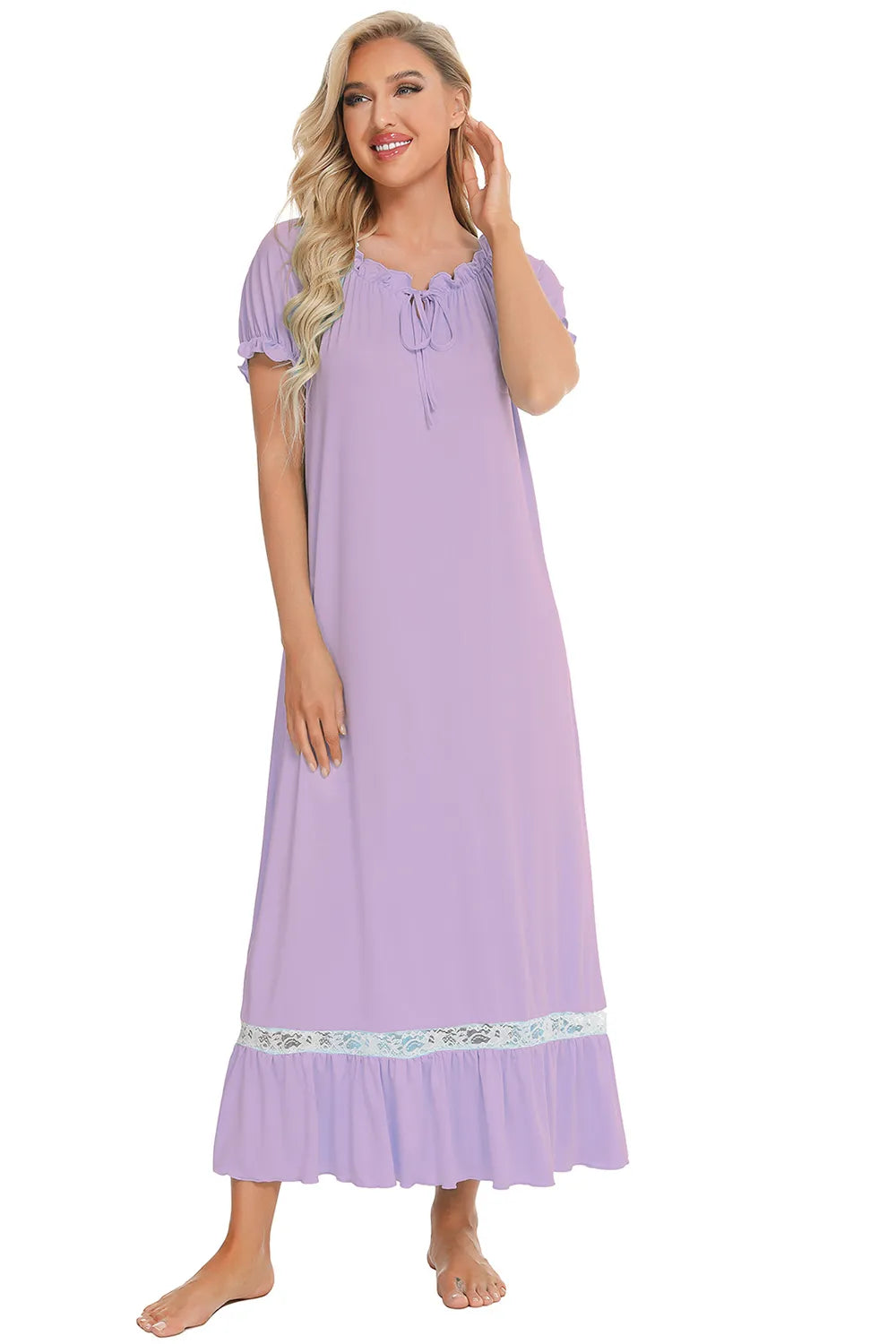 Lace Detail Short Sleeve Lounge Dress Easy Apparels