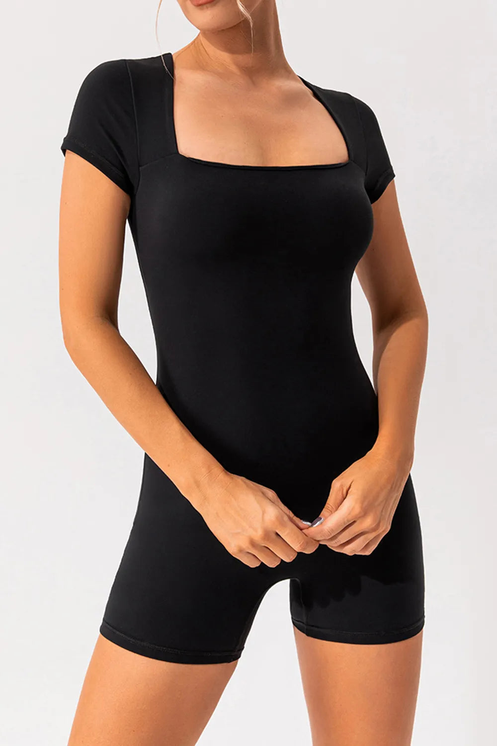 Square Neck Cap Sleeve Active Romper Black Easy Apparels