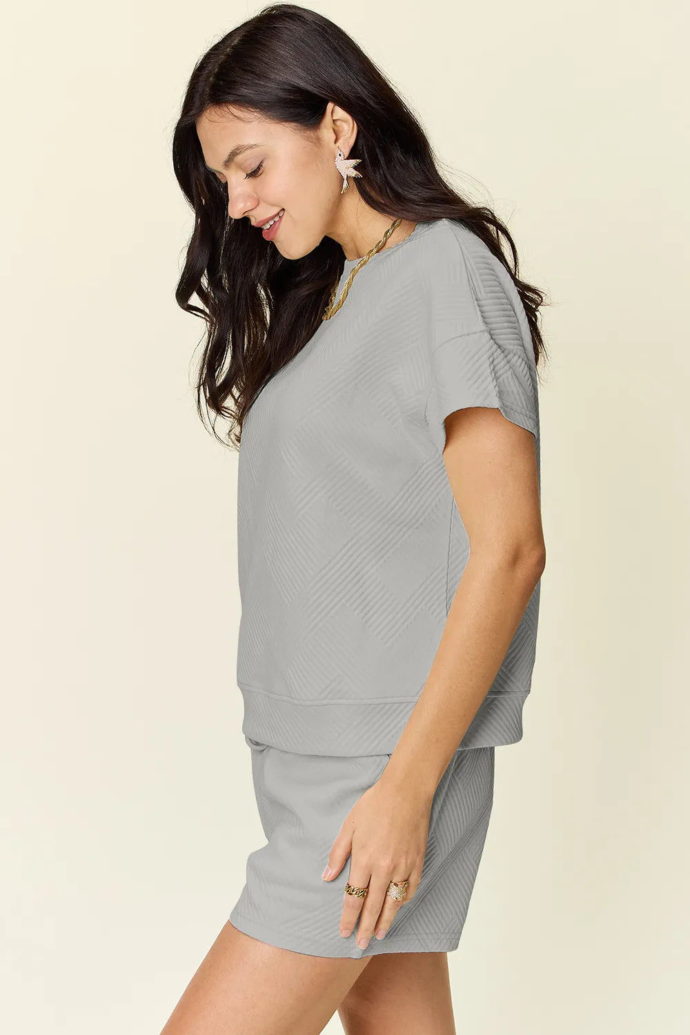 Double Take Full Size Texture Short Sleeve T-Shirt and Drawstring Shorts Set Easy Apparels