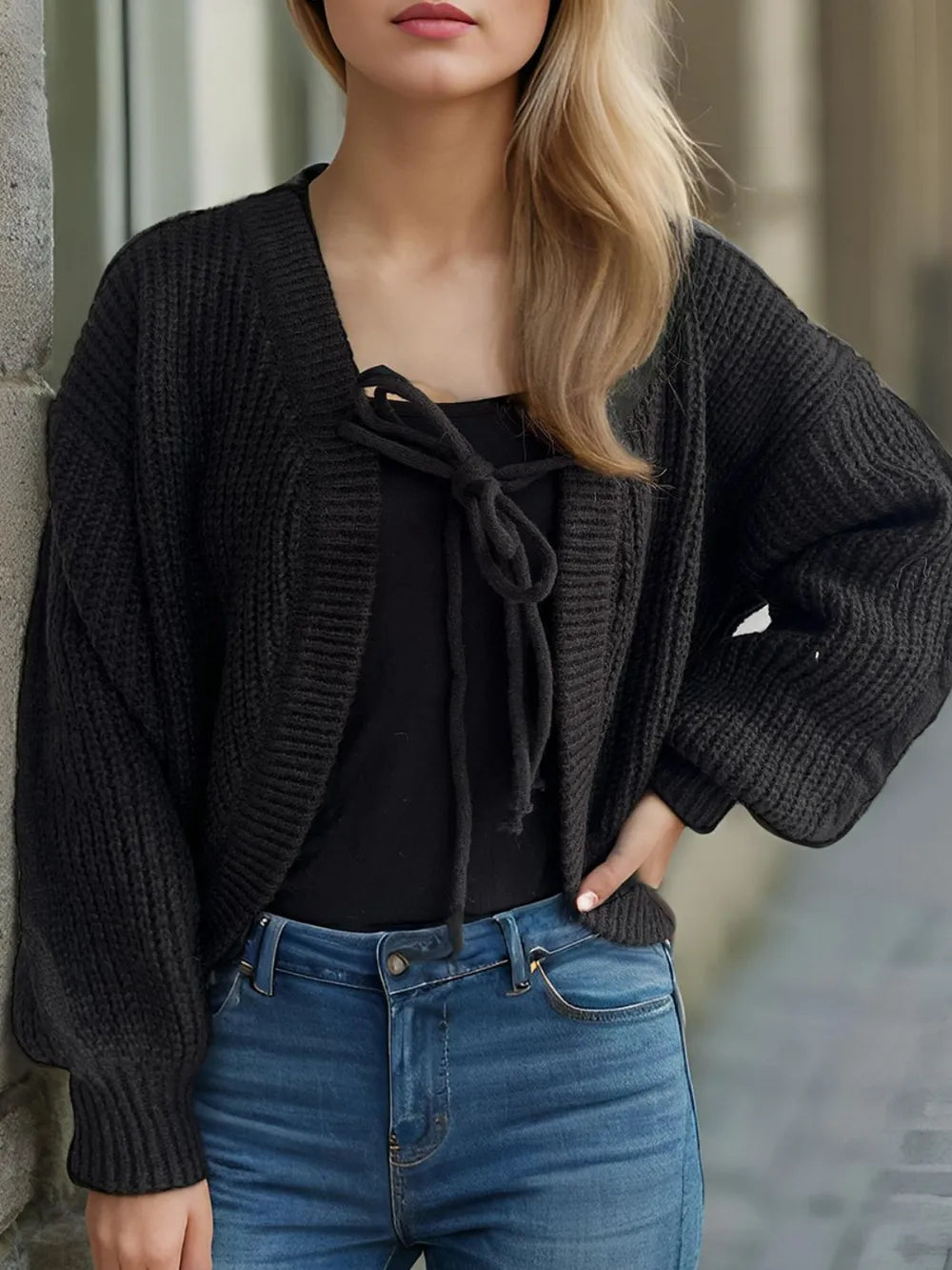 Tied Dropped Shoulder Long Sleeve Cardigan Black One Size Easy Apparels