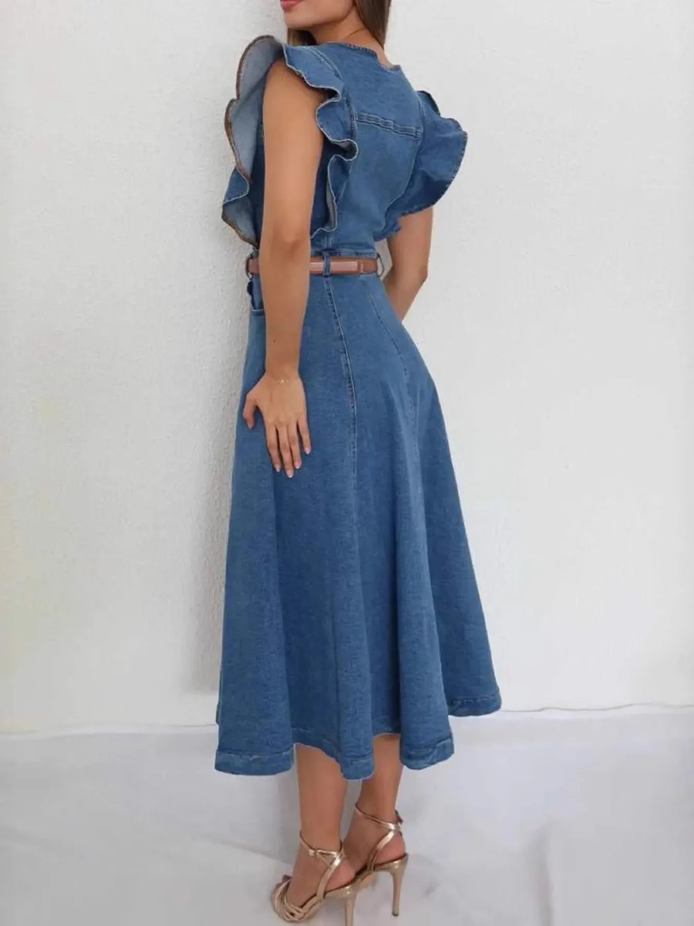 Button-Front Ruffle Sleeve Denim Midi Dress Easy Apparels