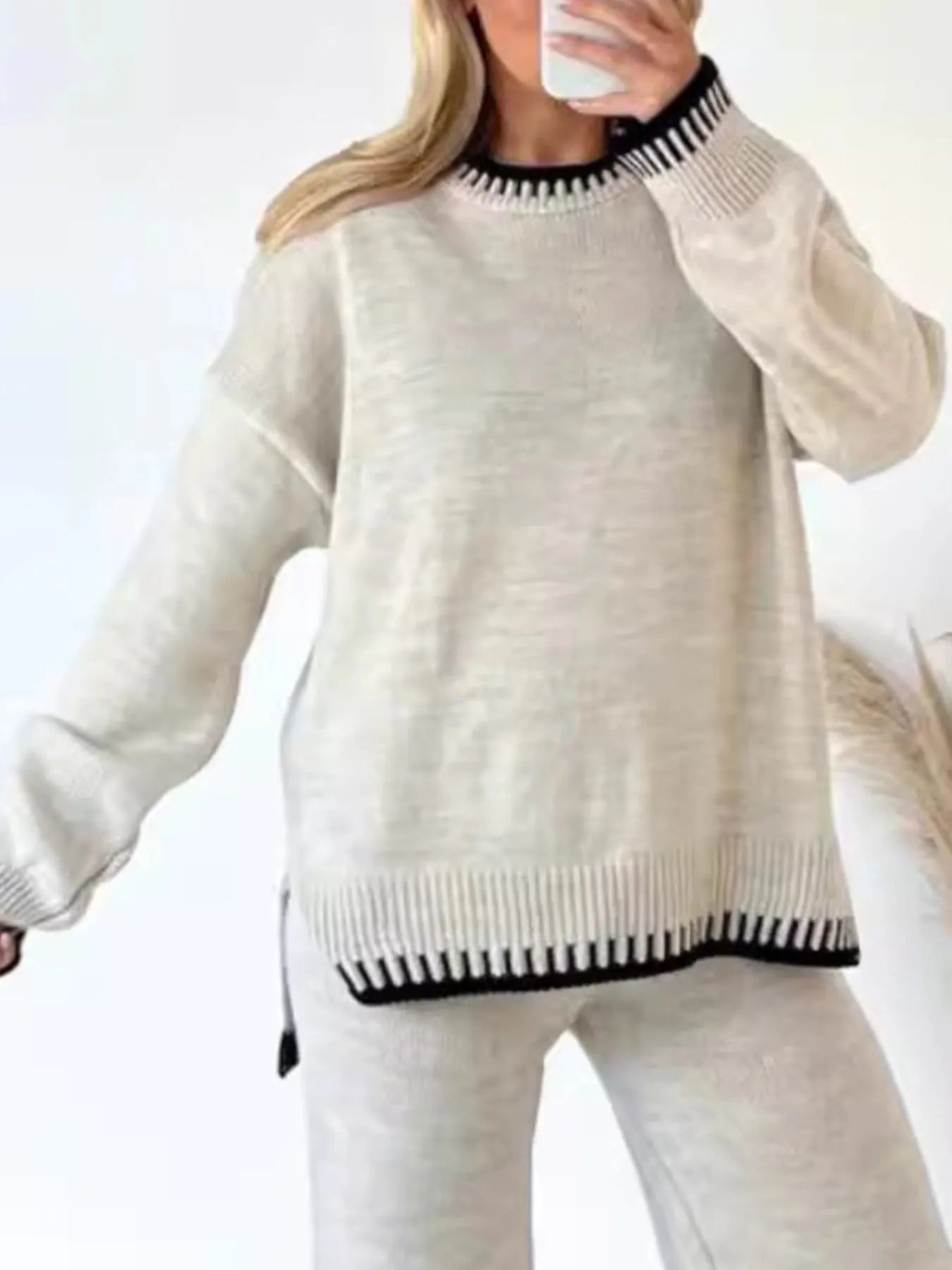 Contrast Trim Round Neck Top and Pants Sweater Set Off-white Easy Apparels