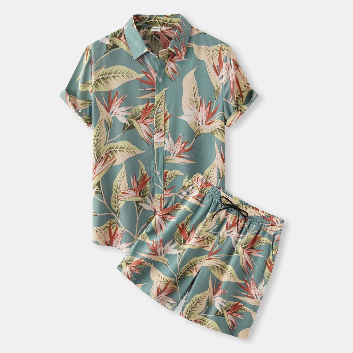Men's Plus Size Printed Button Up Shirt and Shorts Set Air Force Blue Easy Apparels