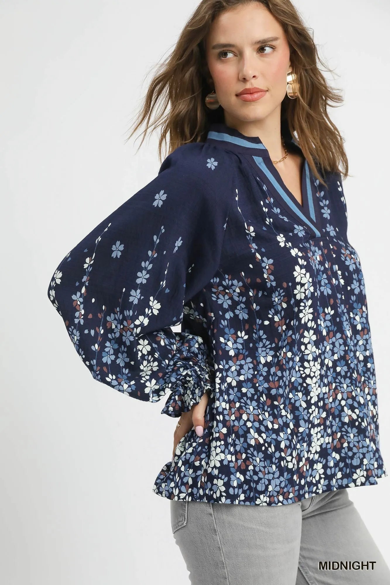 Trendsi Umgee Full Size Floral Vine Print Blouse with Balloon Sleeves Plus Size