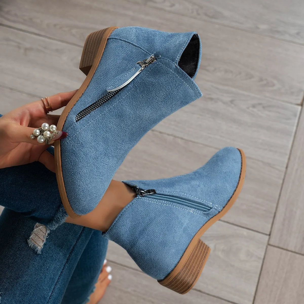 Side Zip Ankle Boots with Block Heel Easy Apparels