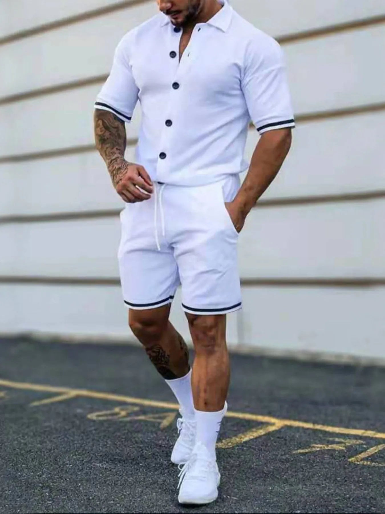 Men's Full Size Striped Hem Button Up Top and Shorts Set Plus Size White Easy Apparels