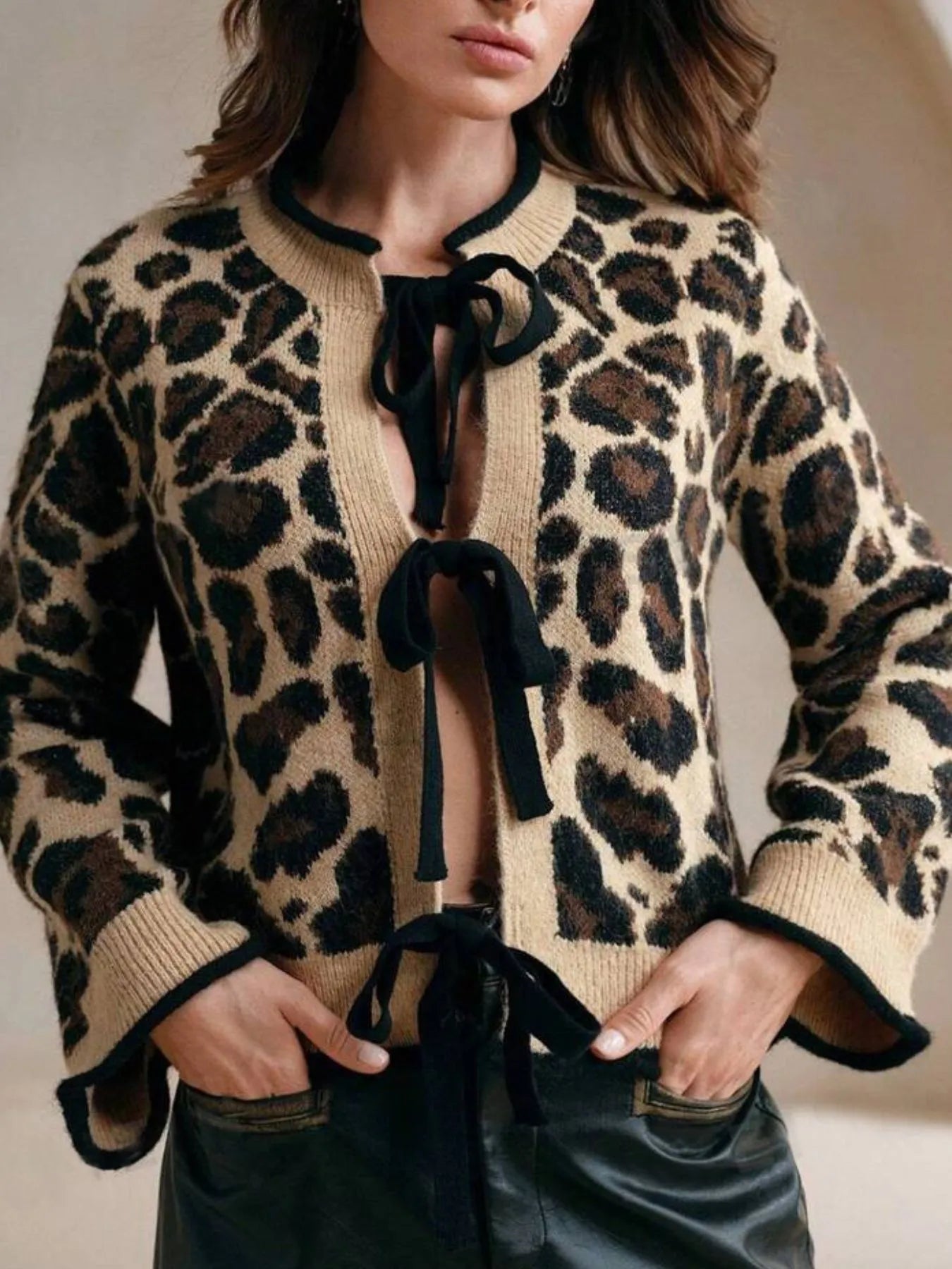 Leopard Print Bow-Tie Front Cropped Cardigan Easy Apparels
