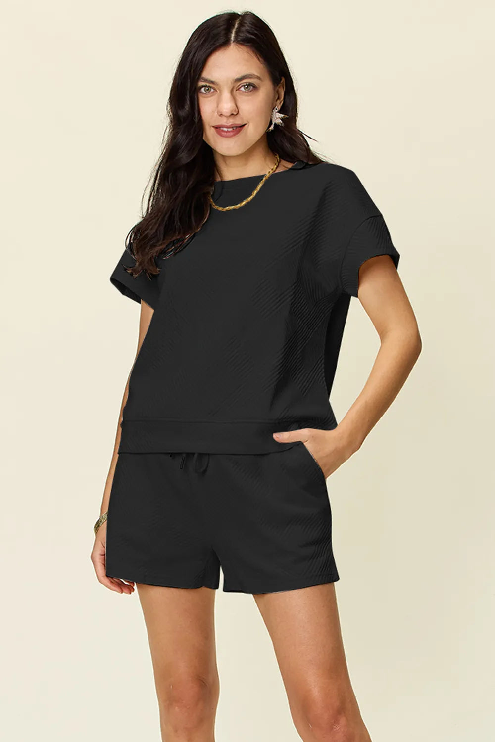 Double Take Full Size Texture Short Sleeve T-Shirt and Drawstring Shorts Set Black Easy Apparels