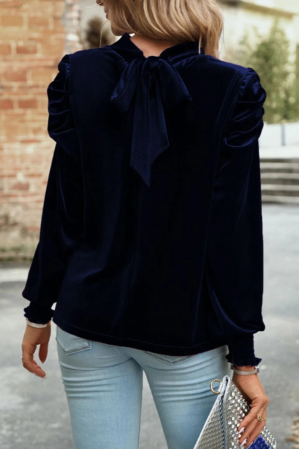 Trendsi Tie Up Mock Neck Velvet Fabric Long Sleeve Blouse