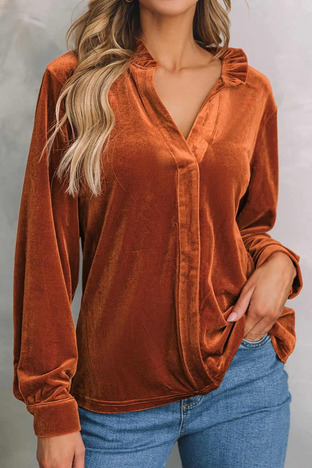 Trendsi Notched Frill Detail Long Sleeve Blouse