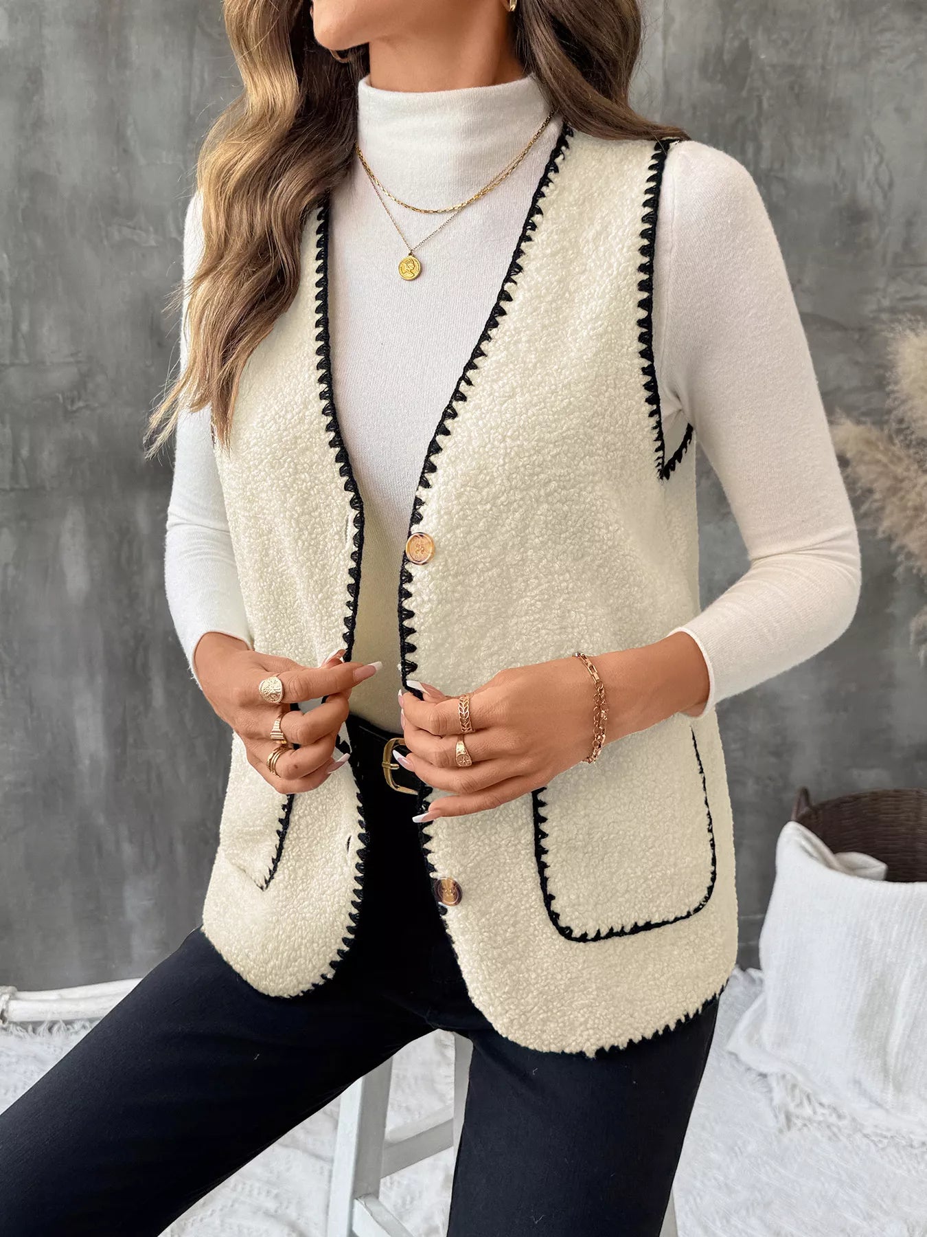 V-Neck Button Up Vest Coat Apricot Easy Apparels