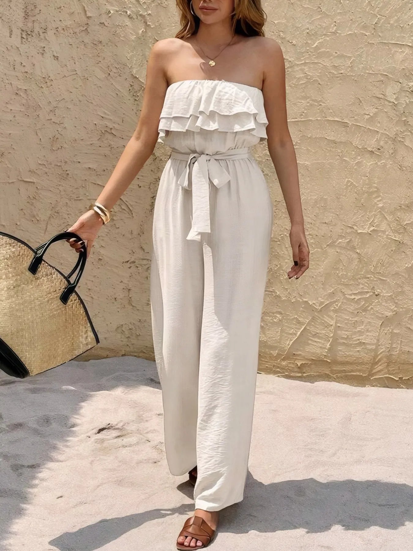 Off-Shoulder Ruffled Wide Leg Jumpsuit Easy Apparels