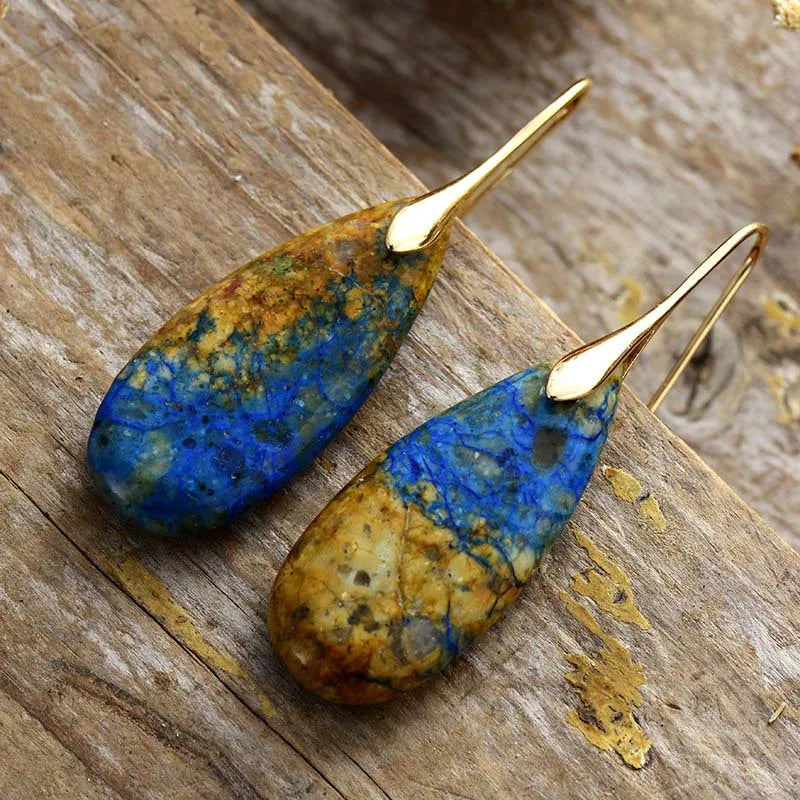 Teardrop Shape Natural Stone Dangle Earrings Blue Brown Gold One Size Easy Apparels