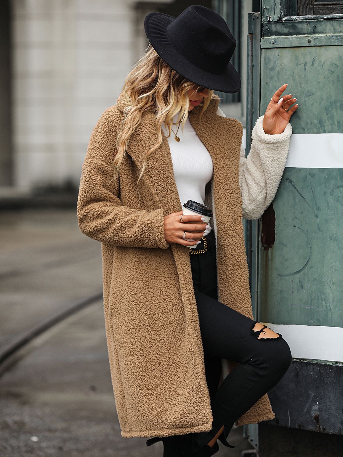 Contrast Dropped Shoulder Sherpa Coat Easy Apparels