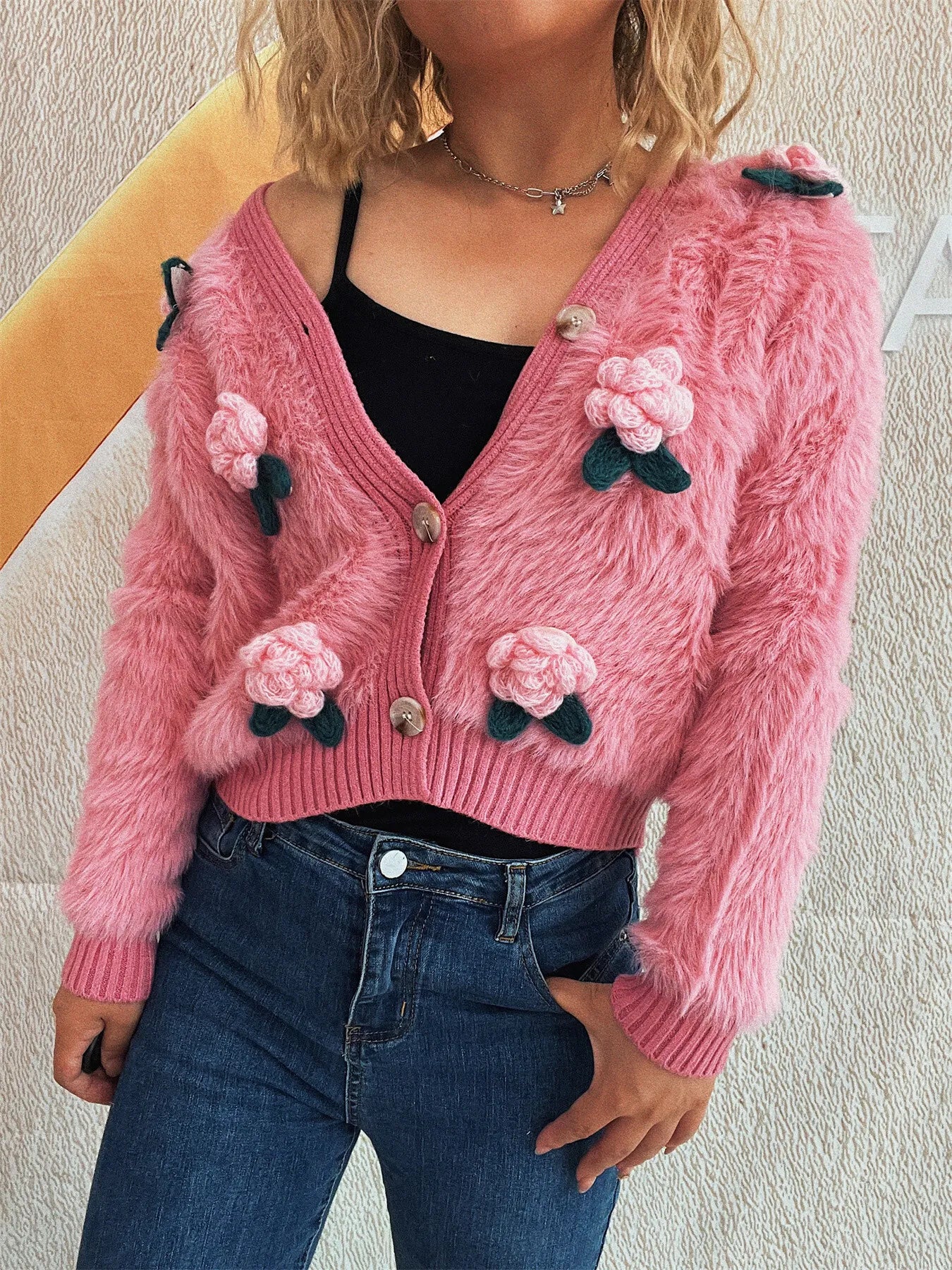 Flower Fuzzy Button-Up Cardigan Easy Apparels