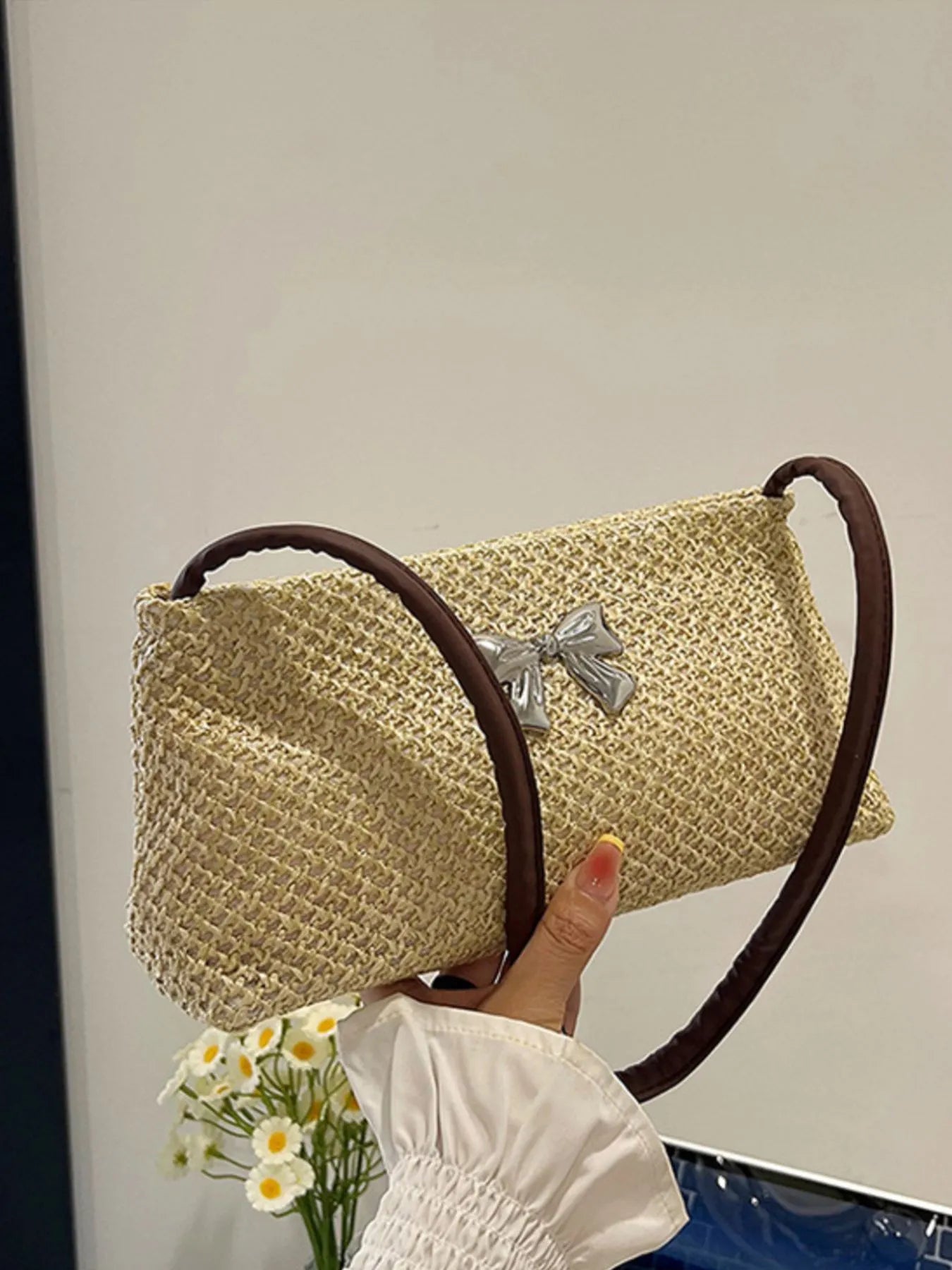 Woven Straw Shoulder Bag with Bow Detail Coffee Color One Size Easy Apparels