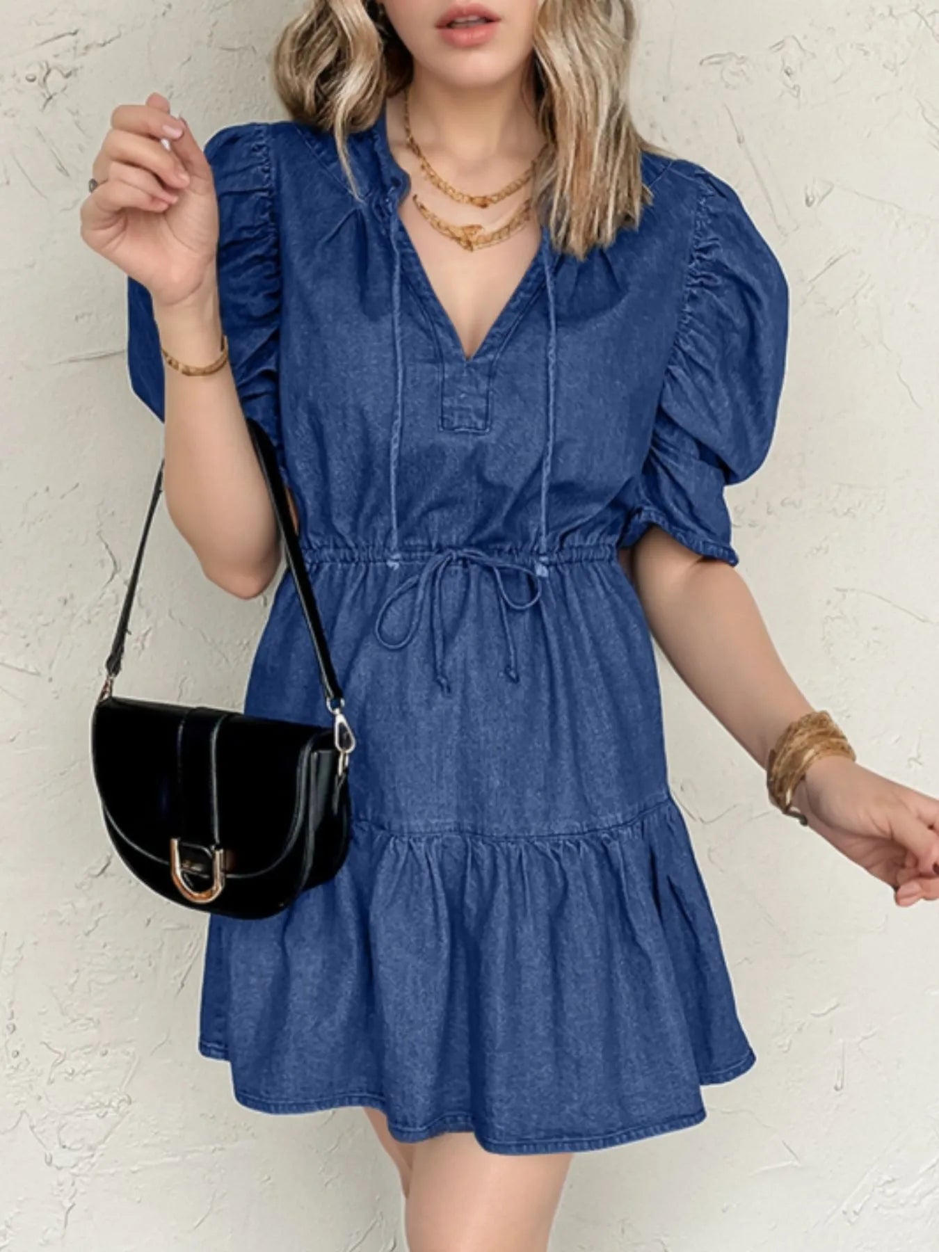 Drawstring High Waist Puff Sleeve Denim Mini Dress Navy Easy Apparels