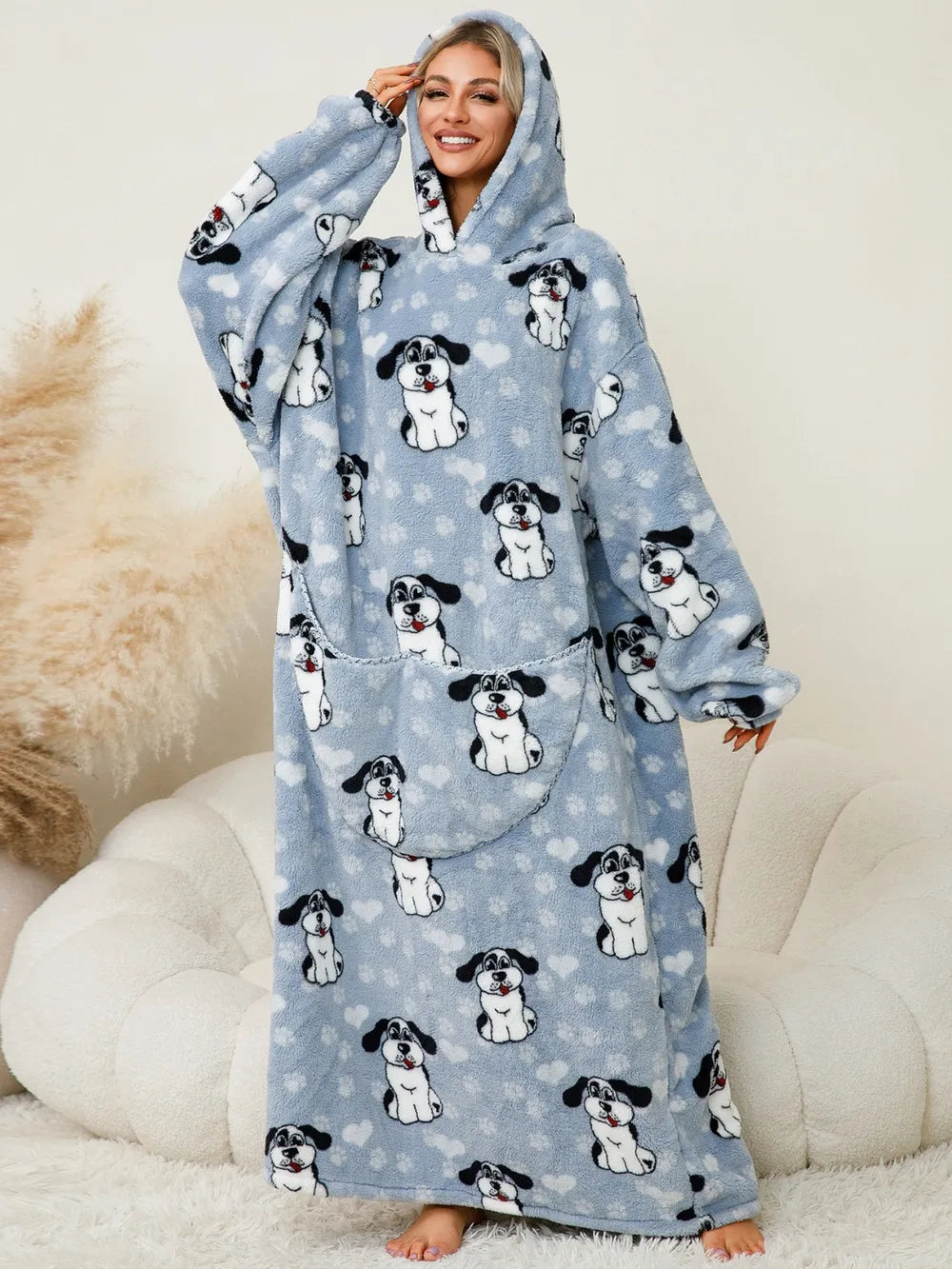 Fuzzy Pocketed Long Sleeve Hooded Lounge Dress Easy Apparels