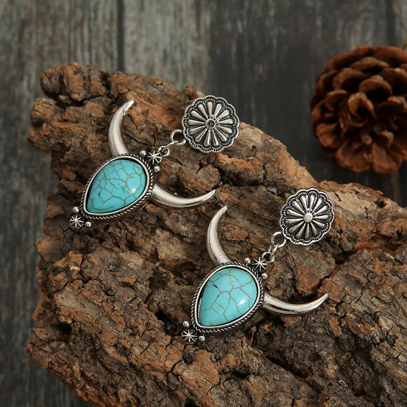 Artificial Turquoise Alloy Cow Head Earrings Silver One Size Easy Apparels