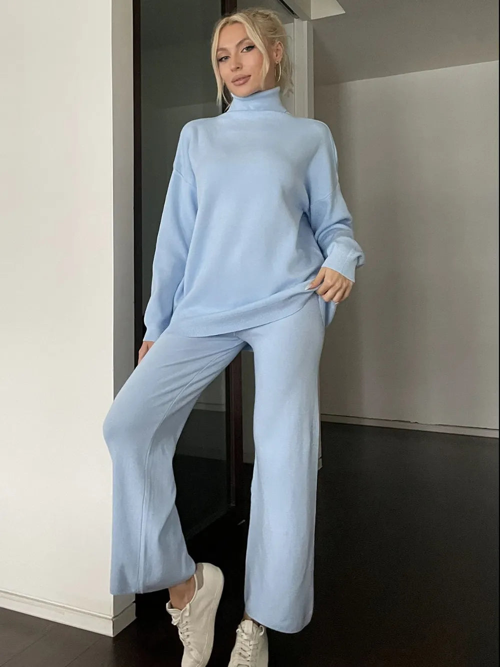 Turtleneck Long Sleeve Top and Drawstring Pants Sweater Set Easy Apparels