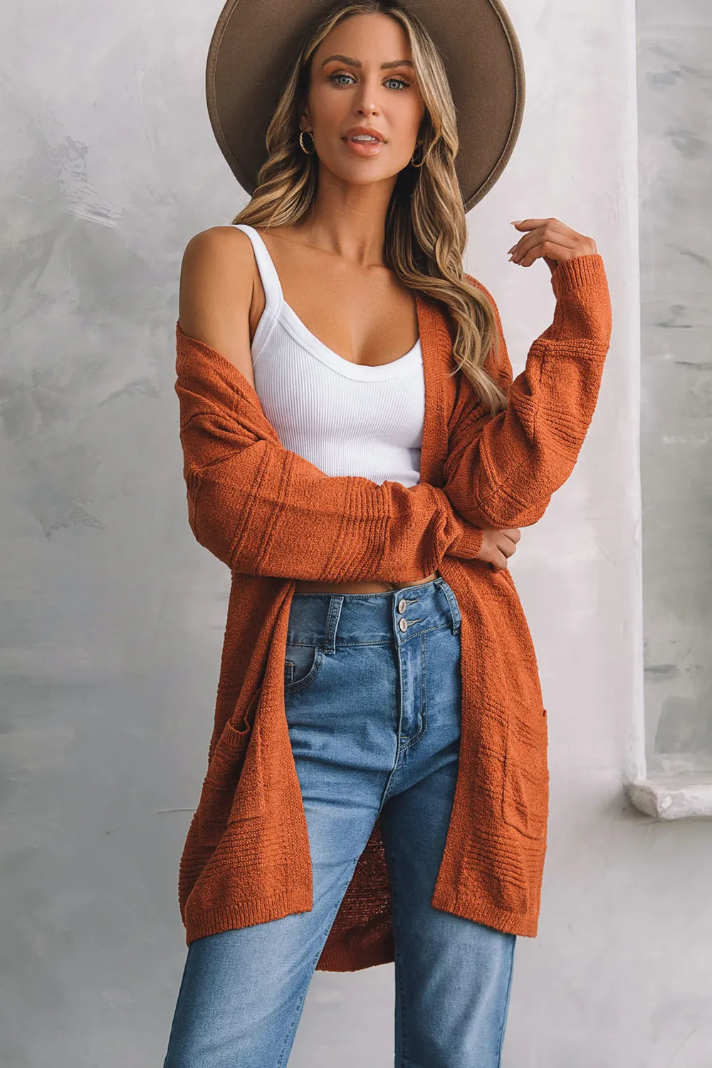 Open Front Textured Cardigan with Pockets Easy Apparels