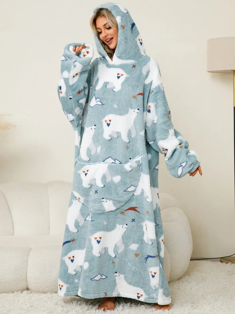 Fuzzy Pocketed Long Sleeve Hooded Lounge Dress Easy Apparels
