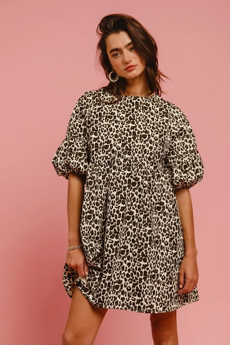 BiBi Leopard Denim Dress With Back Contrast Tie Detail Easy Apparels