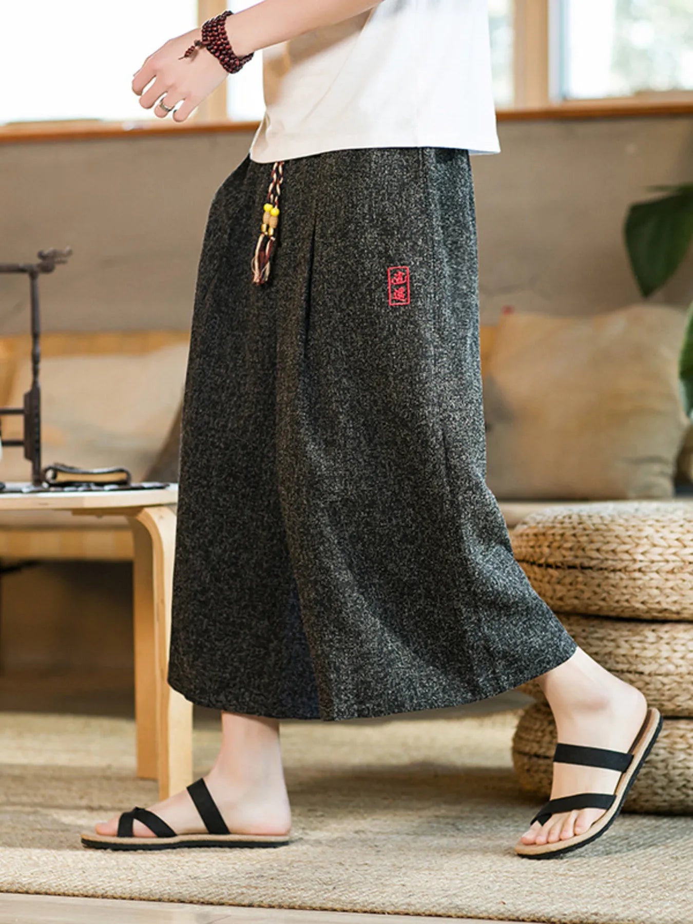 Men's Plus Size Wide Leg Cropped Pants with Drawstring Black Easy Apparels