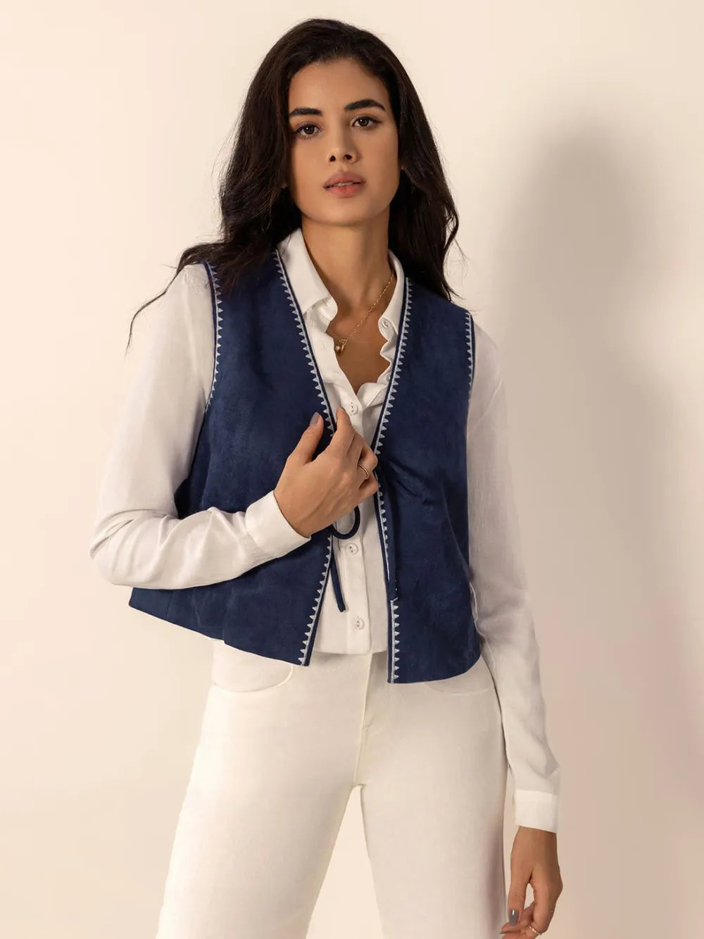 Tied Contrast Trim Vest Dark Blue Easy Apparels