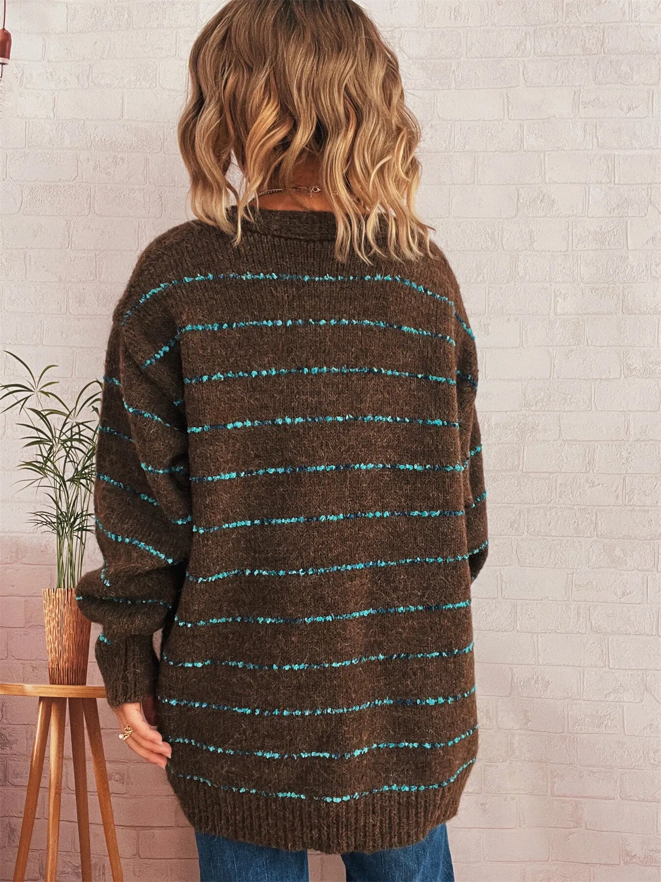 Striped Button-Up Cardigan with V-Neck Design Easy Apparels