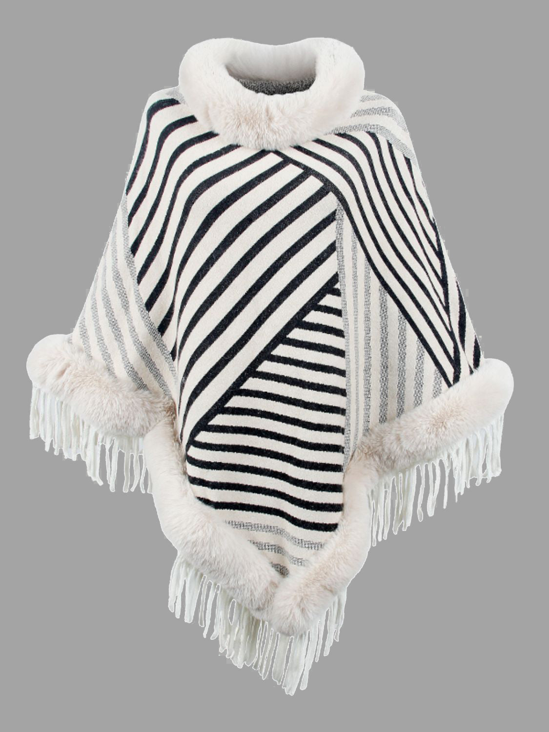 Striped Fringe Hem Poncho White One Size Easy Apparels