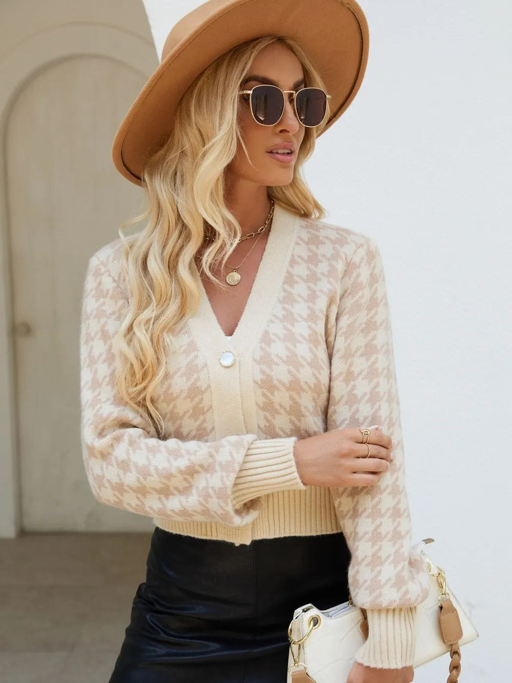 Houndstooth Button Up Long Sleeve Cardigan Easy Apparels
