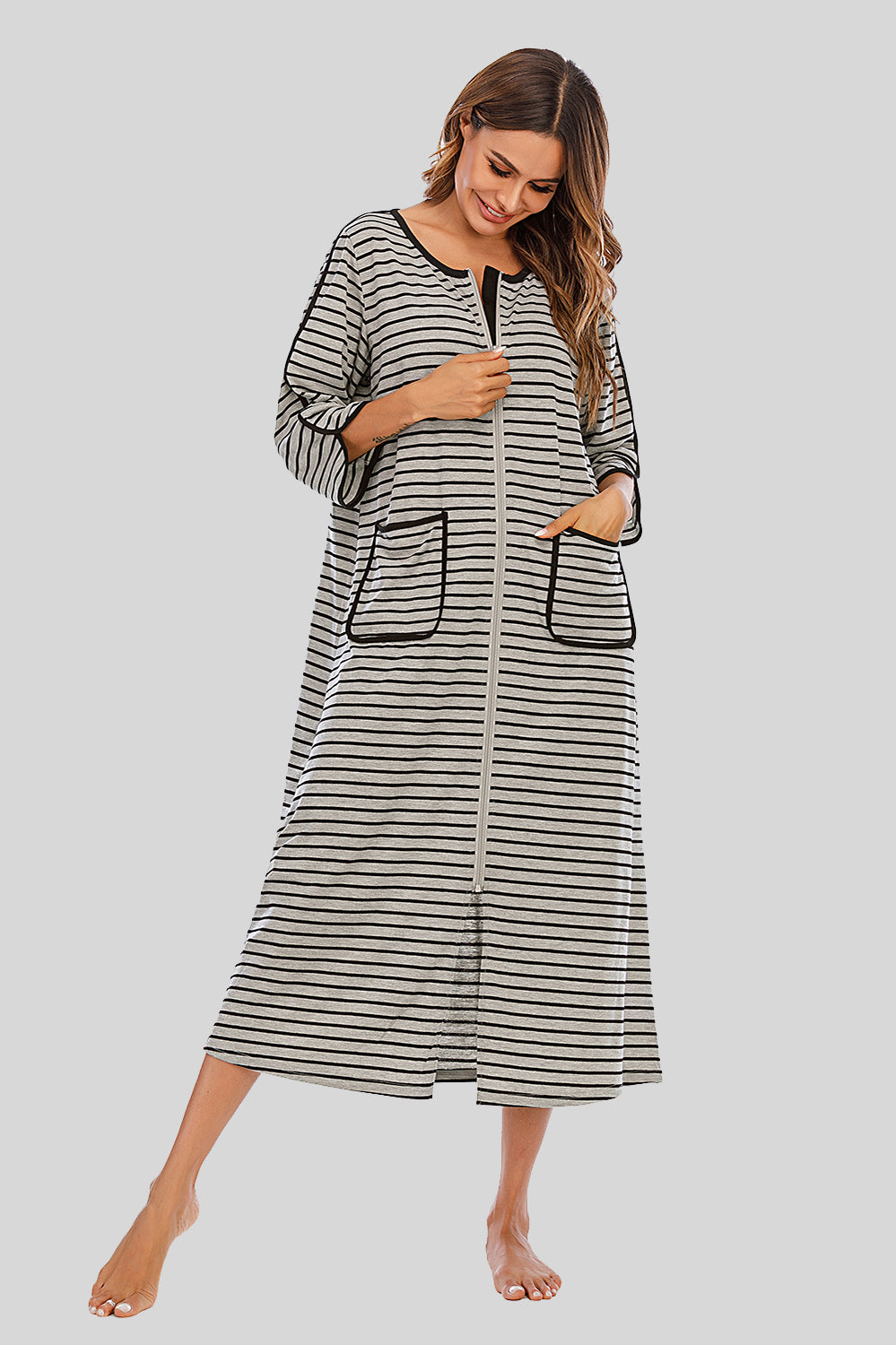 Round Neck Three-Quarter Sleeve Midi Night Dress Heather Gray Easy Apparels