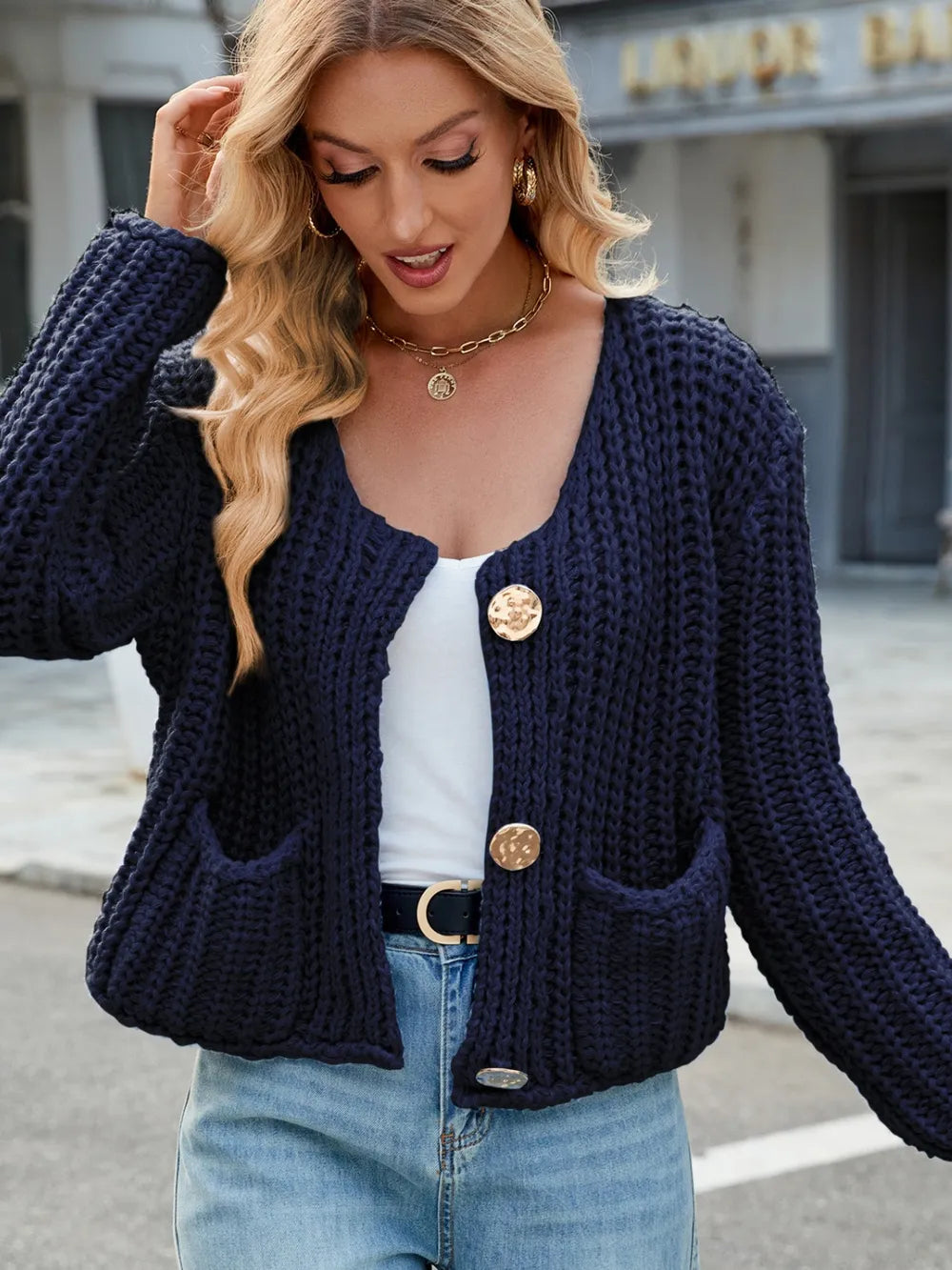 Round Neck Button Up Cardigan with Pockets Easy Apparels