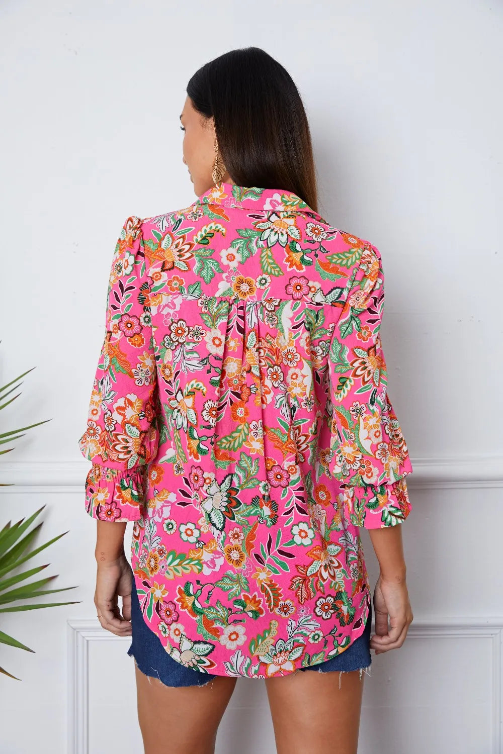 Trendsi Floral Button Up Flounce Sleeve Shirt