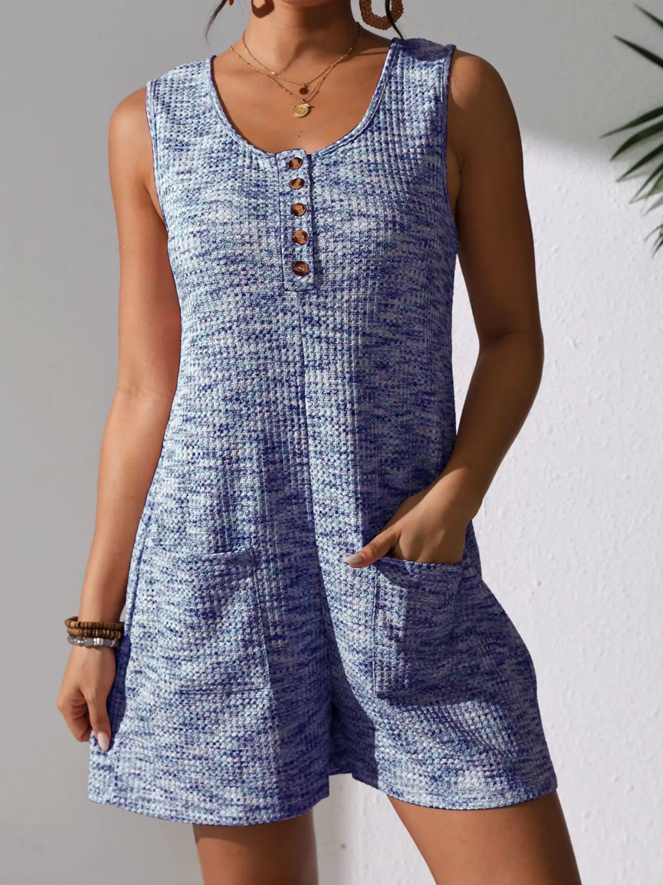 Full Size Button Front Romper with Pockets Plus Size Blue Easy Apparels