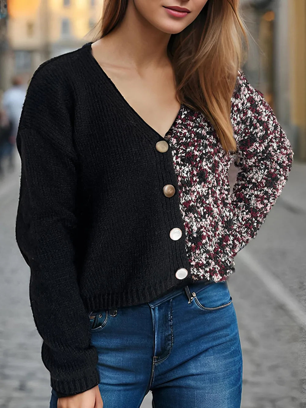 Contrast Button Up V-Neck Cropped Cardigan Easy Apparels